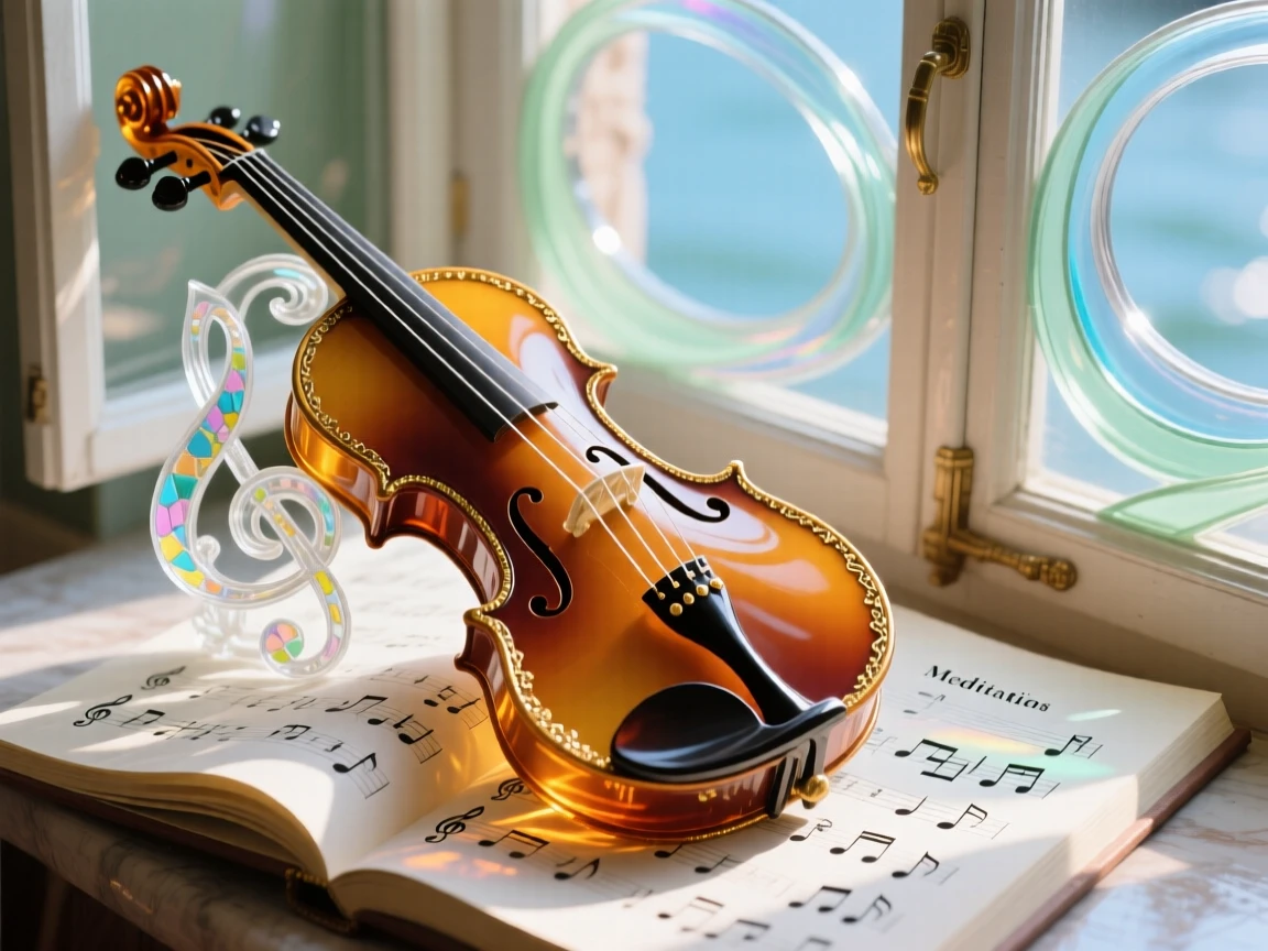A grand violin resting on sheet music beside an open window, soulful and elegant.