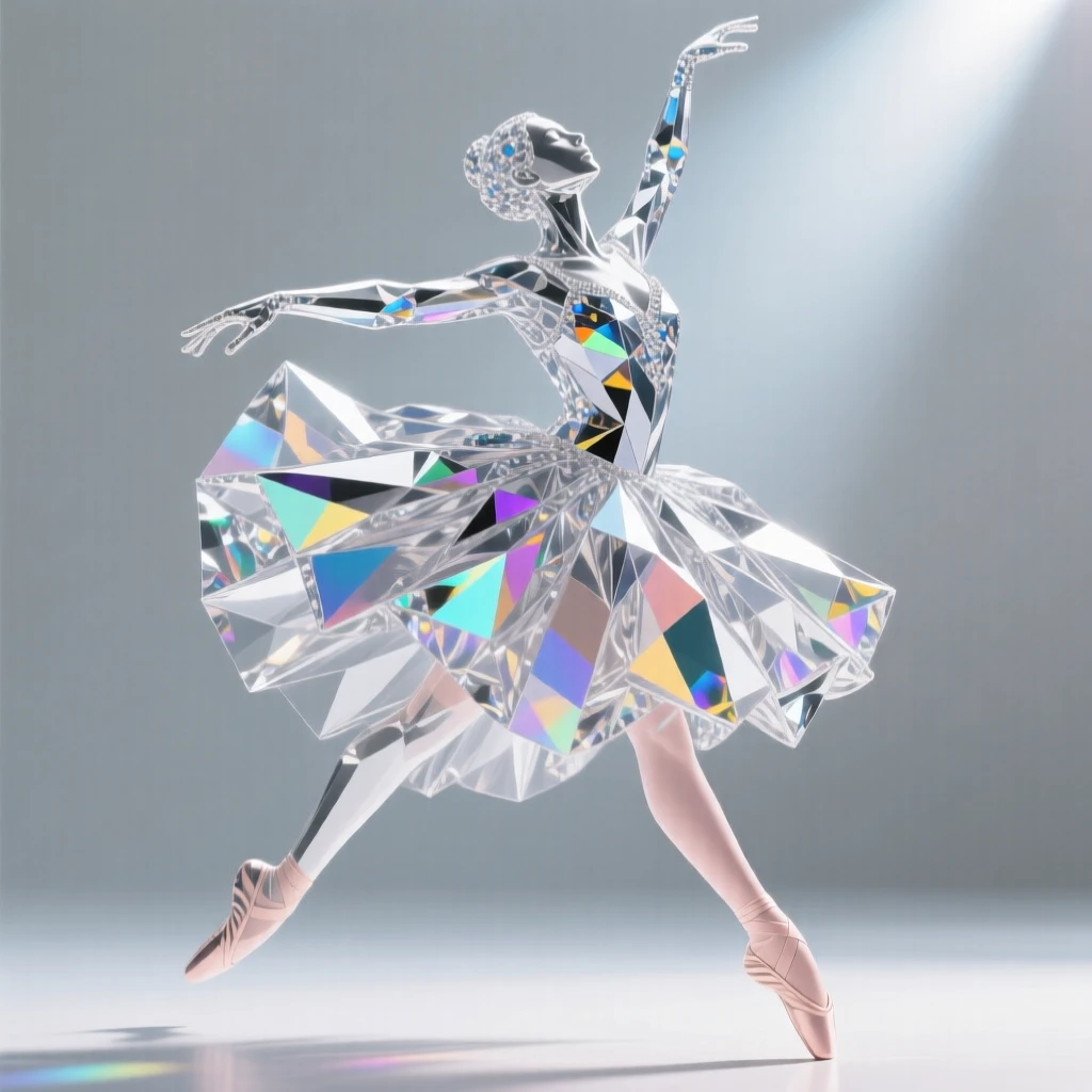 A ballet dancer captured mid-leap, fabric flowing dramatically in stage spotlight.