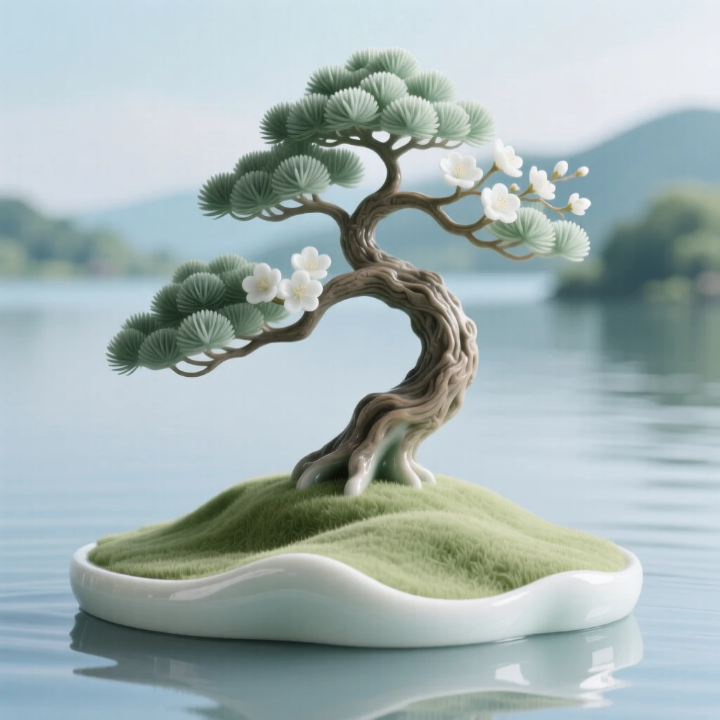 A blossoming bonsai pine standing alone on a grassy hill in a quiet lakeside setting.