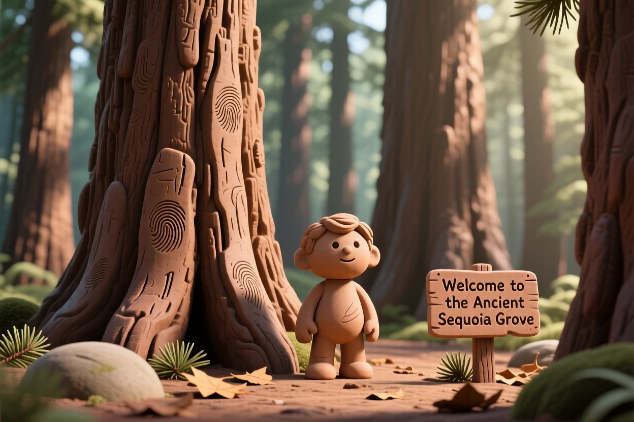 A towering sequoia grove with light filtering through ancient bark