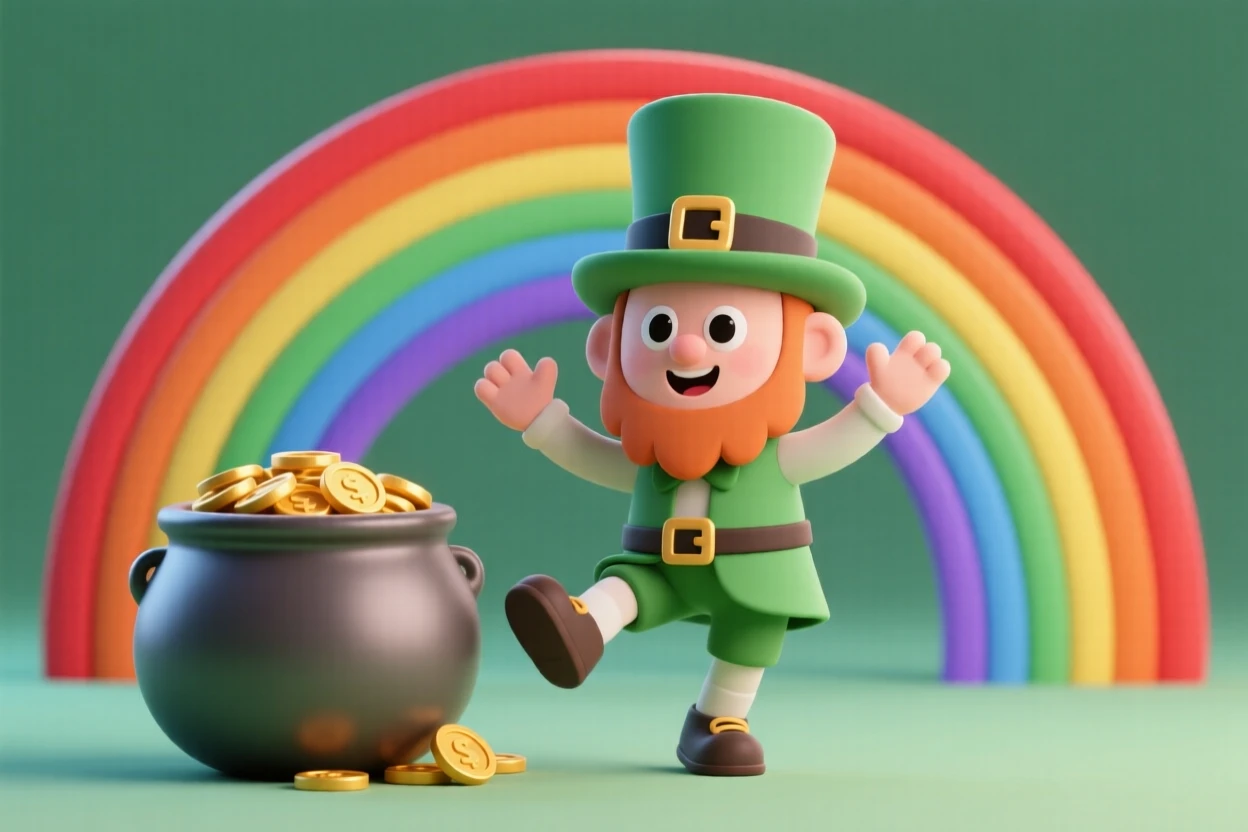A festive leprechaun dances a jig beside a pot of gold at the end of a shimmering rainbow.