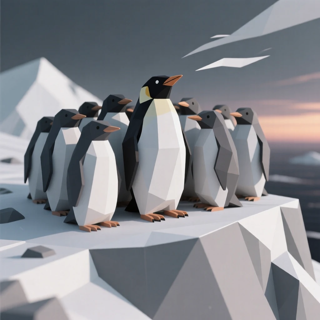 A colony of penguins huddled together, on a windswept ridge at dusk. the framing draws the eye directly to its gaze. It captures a fleeting moment of freedom.