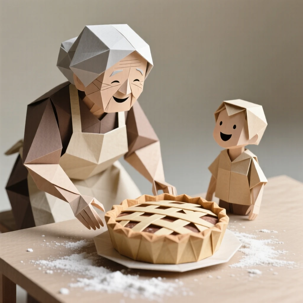 A grandmother baking pie with a grandchild, both dusted in flour and laughing.