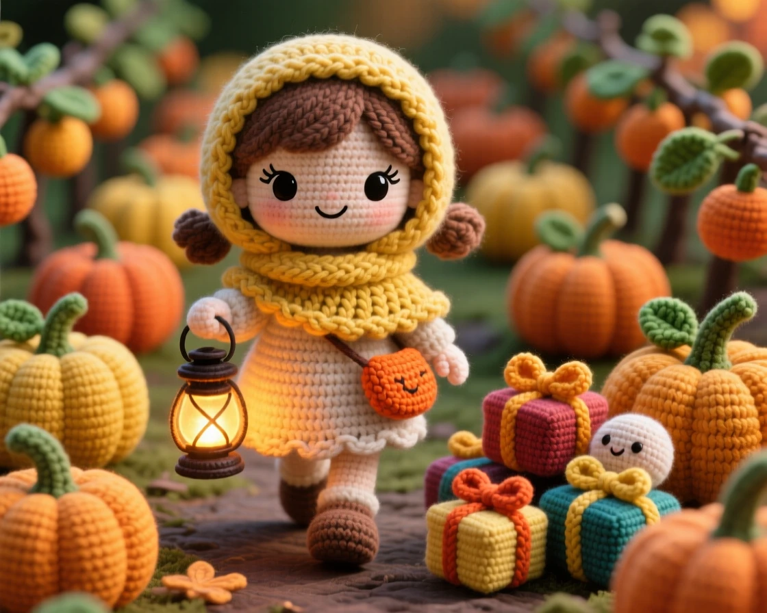 a little girl with a lantern for a harvest festival, wearing a cozy shawl, is shown walking through rows of golden pumpkins in a quiet orchard heavy with ripening fruit beside a small pile of wrapped presents, capturing the joyful anticipation of a favorite season.