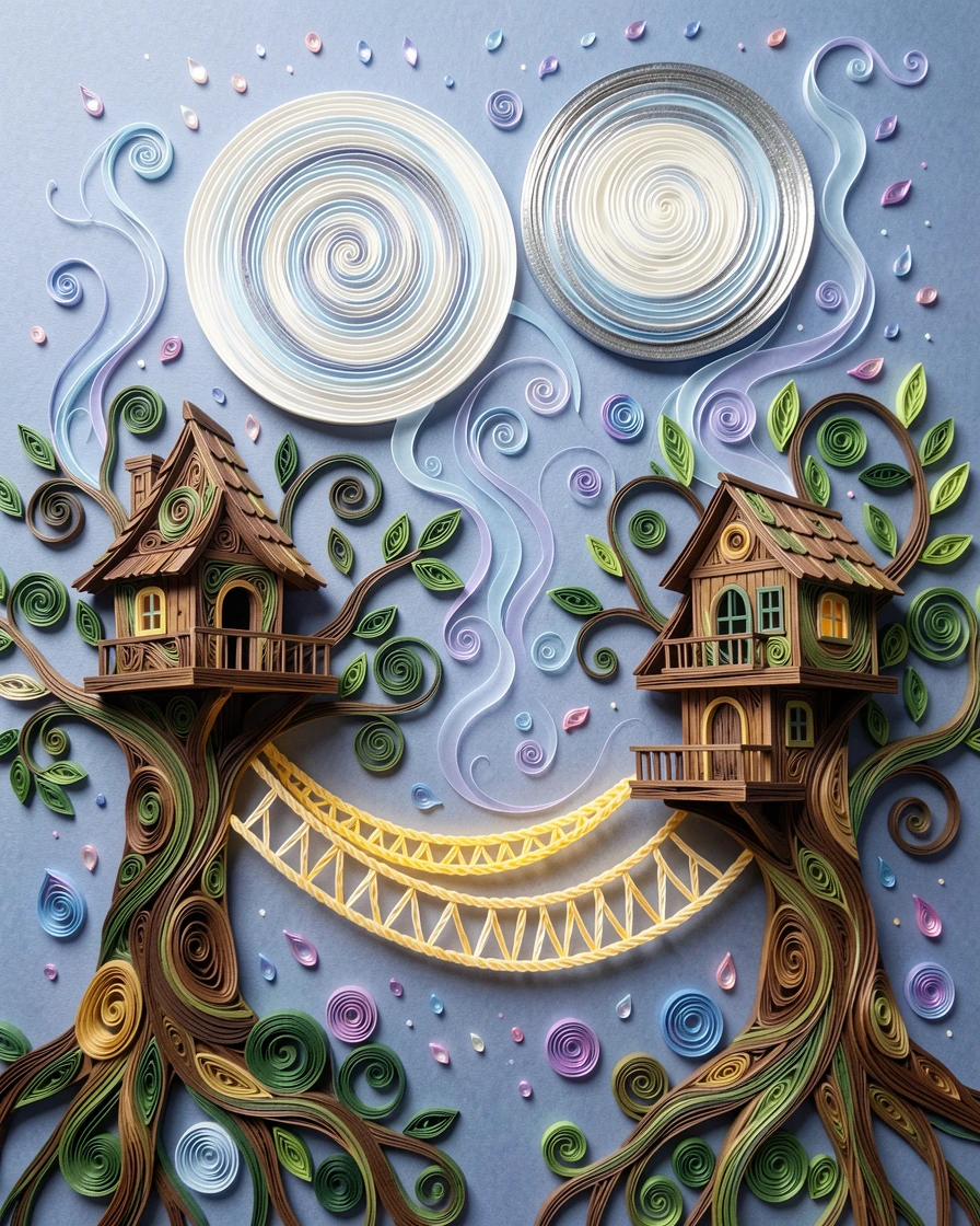 A magical fantasy scene of a treehouse village connected by glowing rope bridges beneath a sky filled with two glowing moons, with delicate wisps of magical mist curling upward, composed with swirling magical particles filling the air.