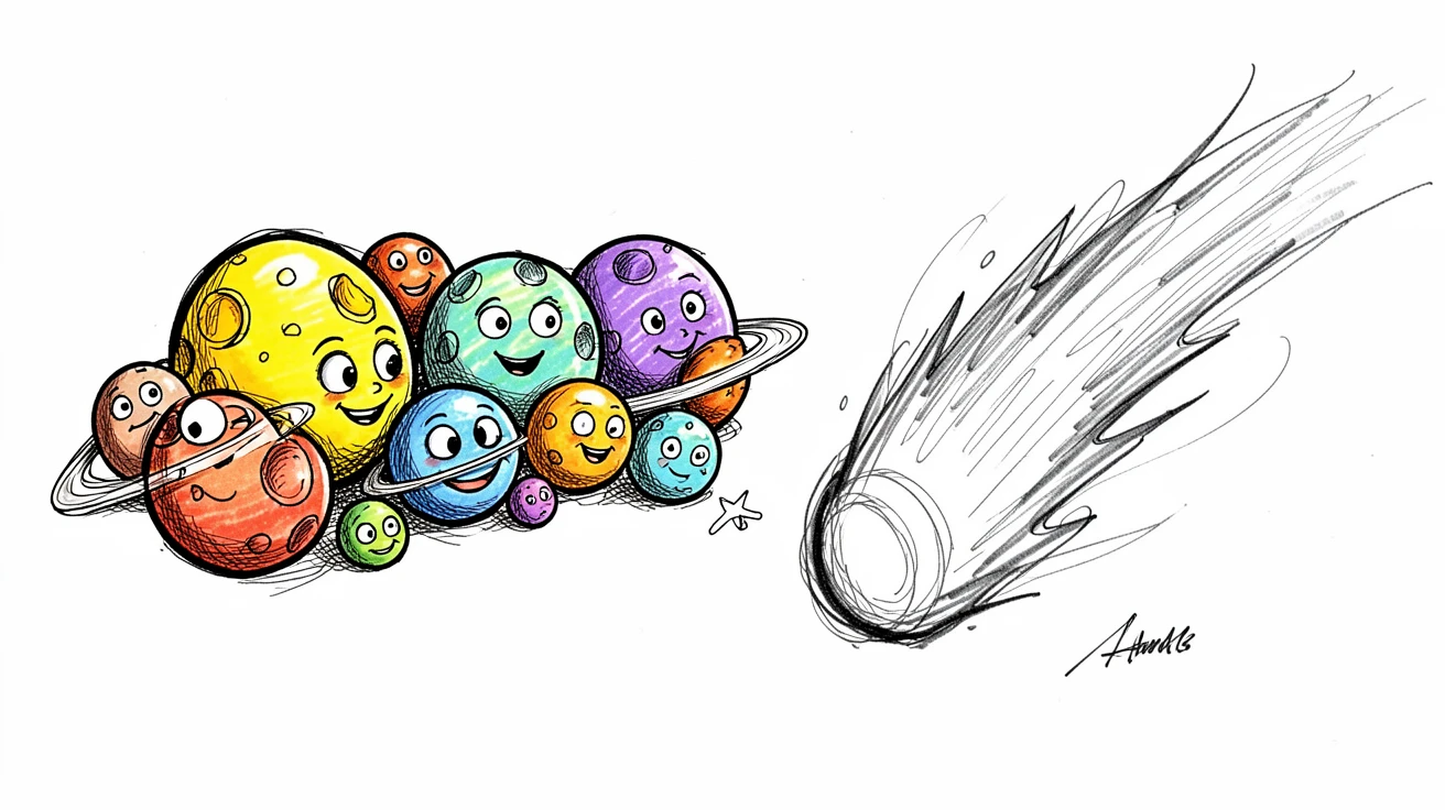 A cluster of colorful planets in a row beside a comet's glowing tail.