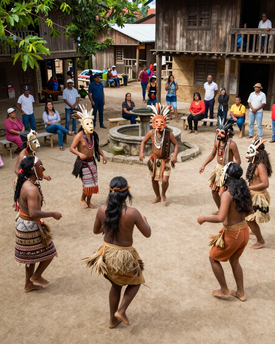 A group of masked dancers performs an ancient ritual dance in a village square.