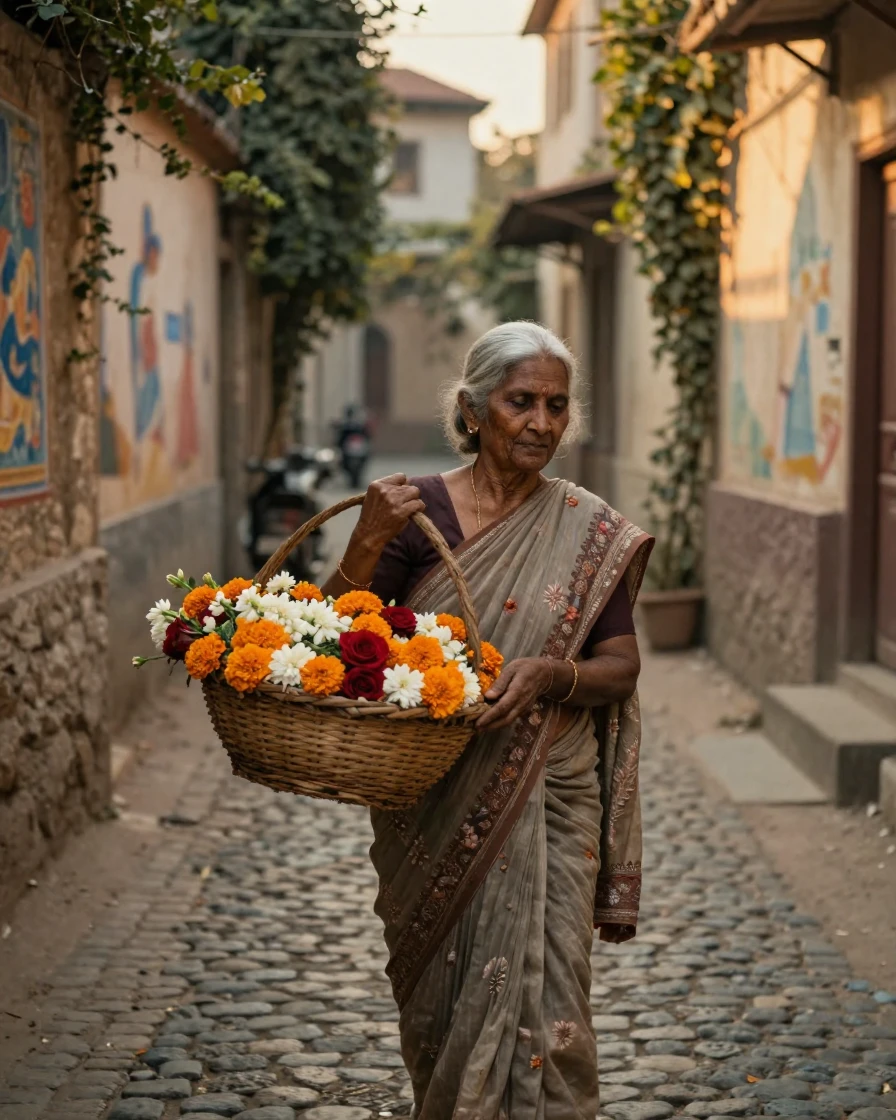 An elderly Indian woman carrying a basket of fresh flowers in a narrow cobblestone alley