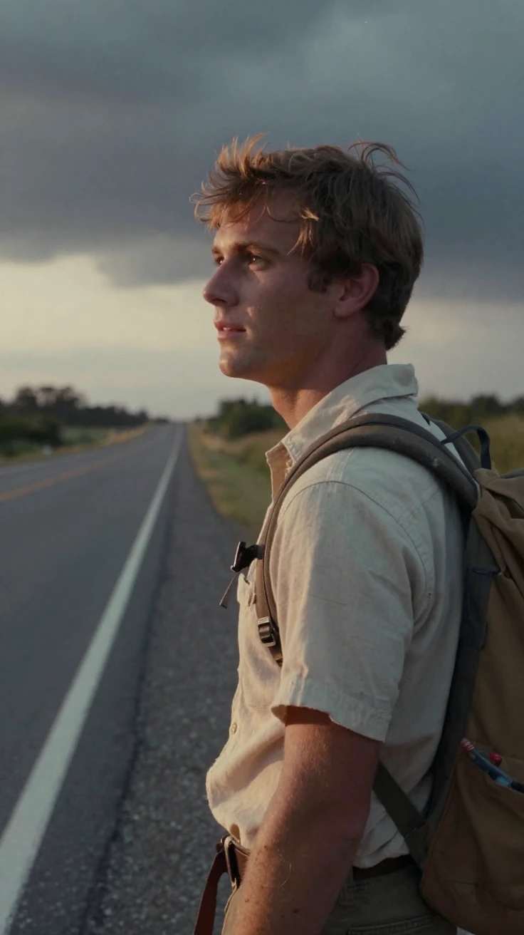 A hitchhiker with a worn backpack standing beside a lonely road, in the pale light just before sunrise, under a darkening storm sky, in the height of summer, in warm honey and cream tones, in a tight close-up.