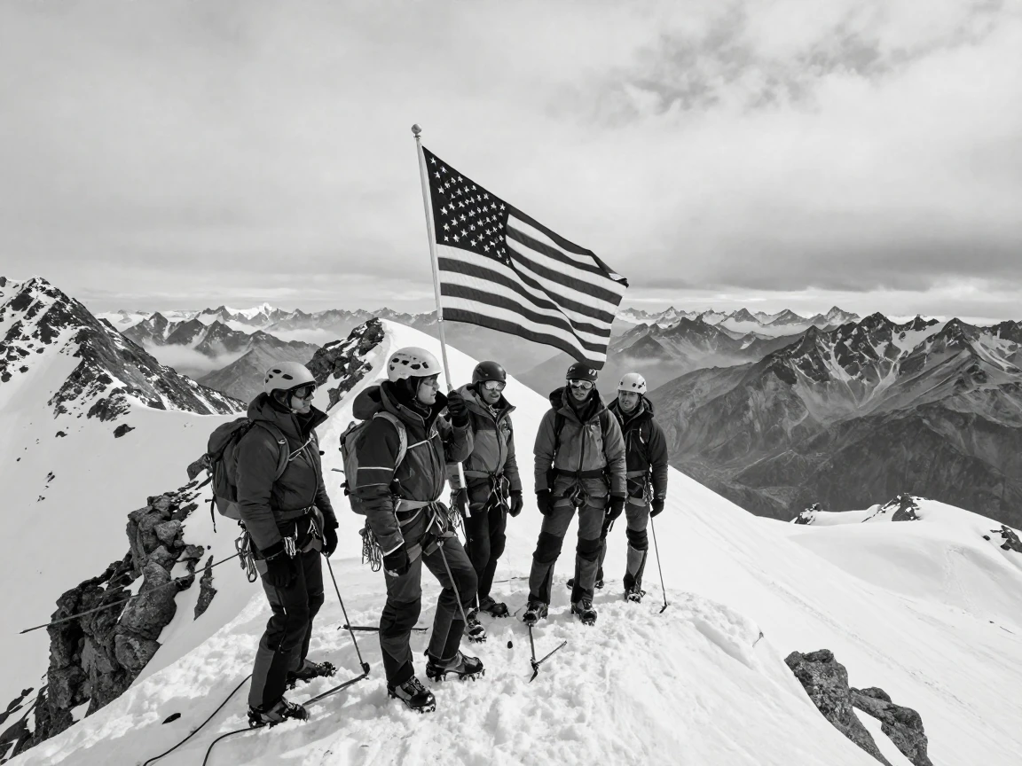 A group of climbers reaches a snow-covered summit high in the Andes.