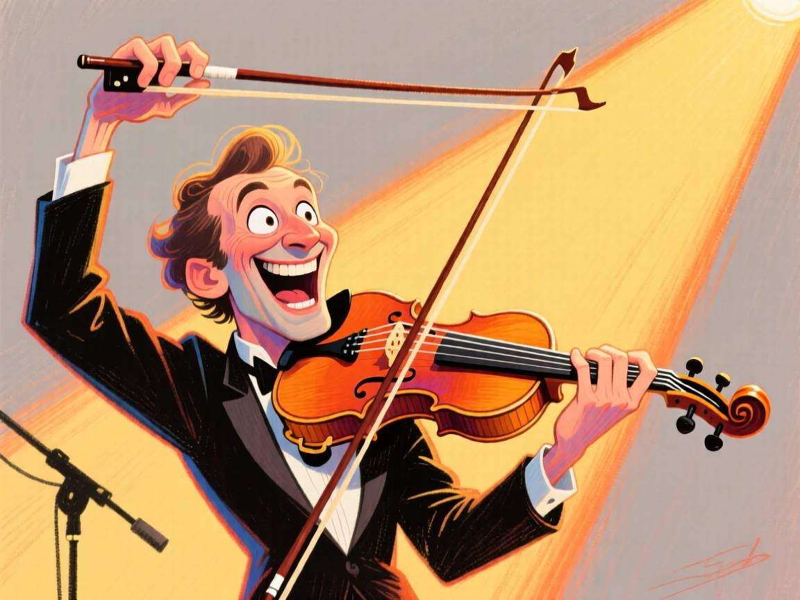 A violinist performing solo on stage, bow arm raised dramatically mid-note.