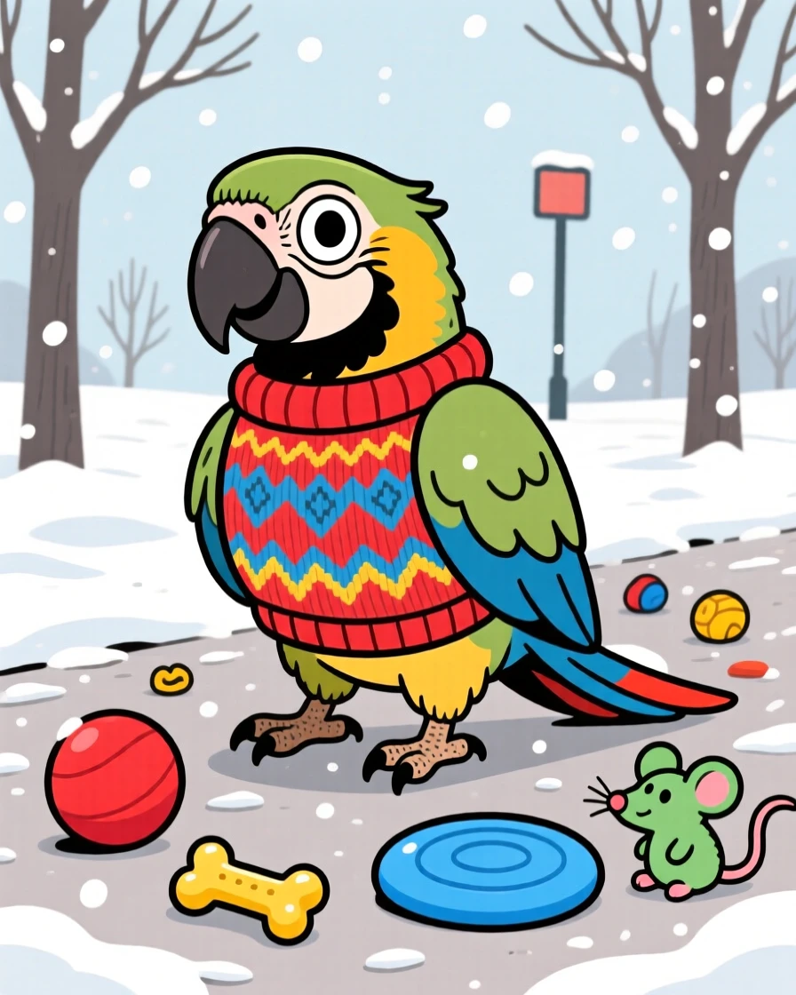 A playful pet moment featuring a majestic parrot wearing a tiny knitted sweater on a chilly walk, surrounded by scattered toys.
