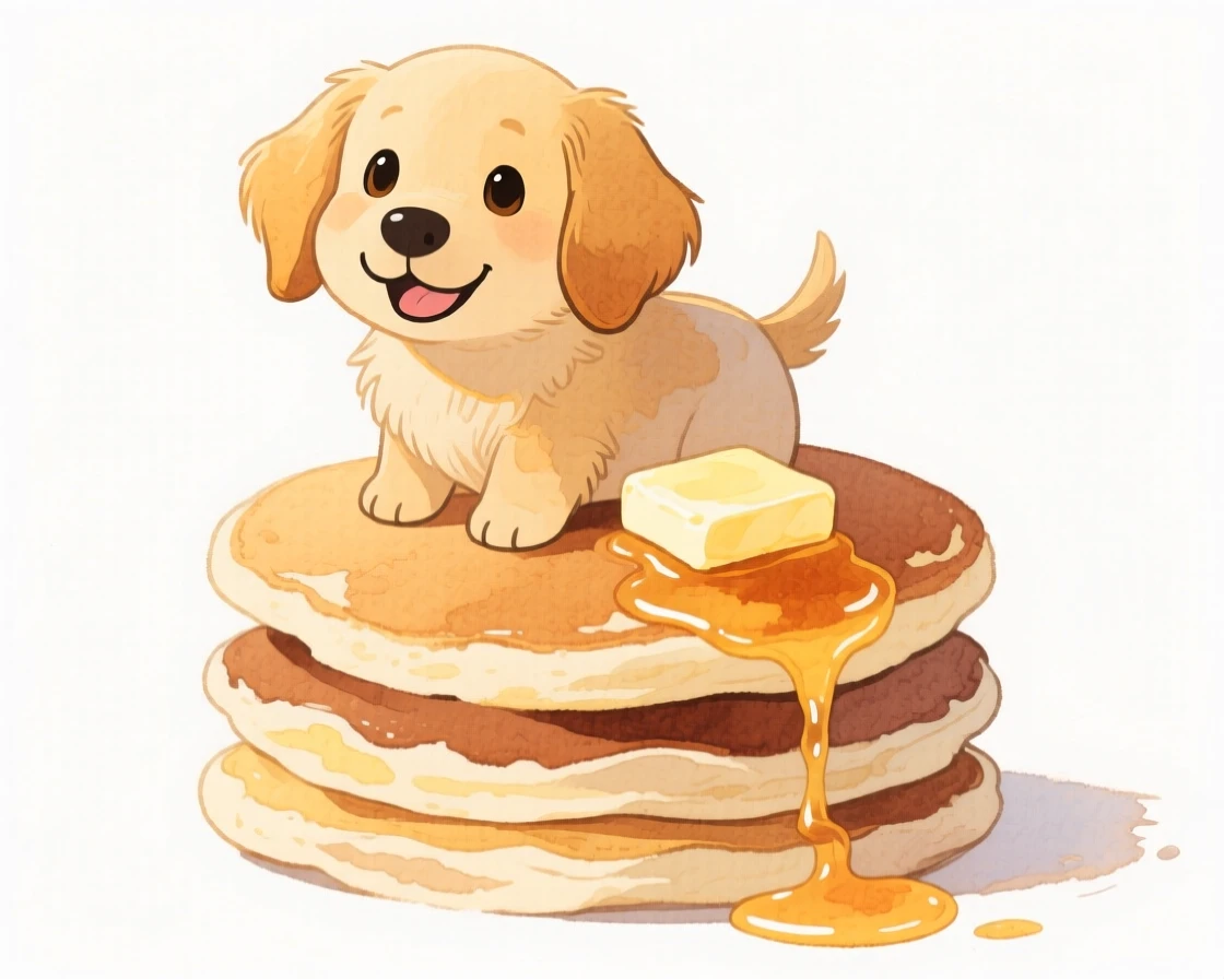 A golden retriever puppy perched on a stack of pancakes