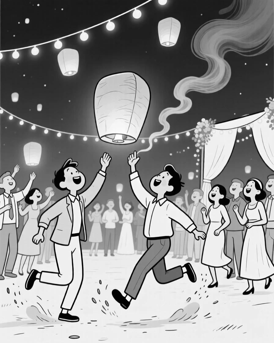 A crowd releasing glowing lanterns into the night sky, kicking up dust with joyful, rhythmic footwork, set at an outdoor wedding decorated with fairy lights. Incense smoke curls gently upward. There's a deep sense of belonging and festivity in the air.