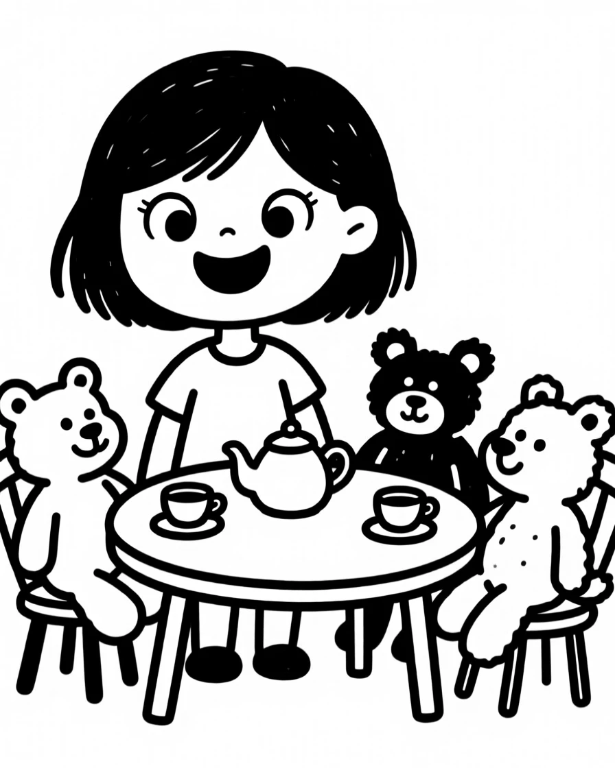 A young girl having a tea party with her stuffed animals arranged around a tiny table.