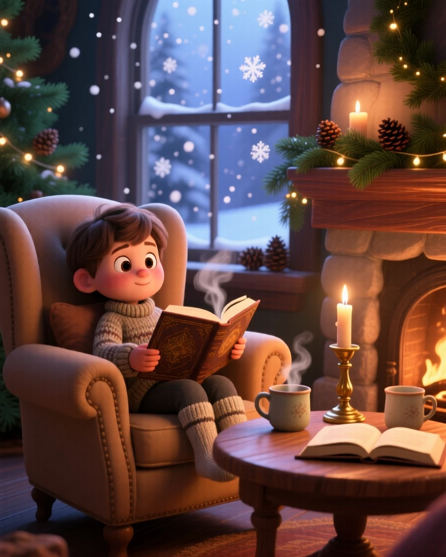 A young reader curled in an armchair sits at a candlelit table set for two, watching snowflakes drift past the window. The mood is snug, tender, and softly domestic, with pine branches decorating the mantel.