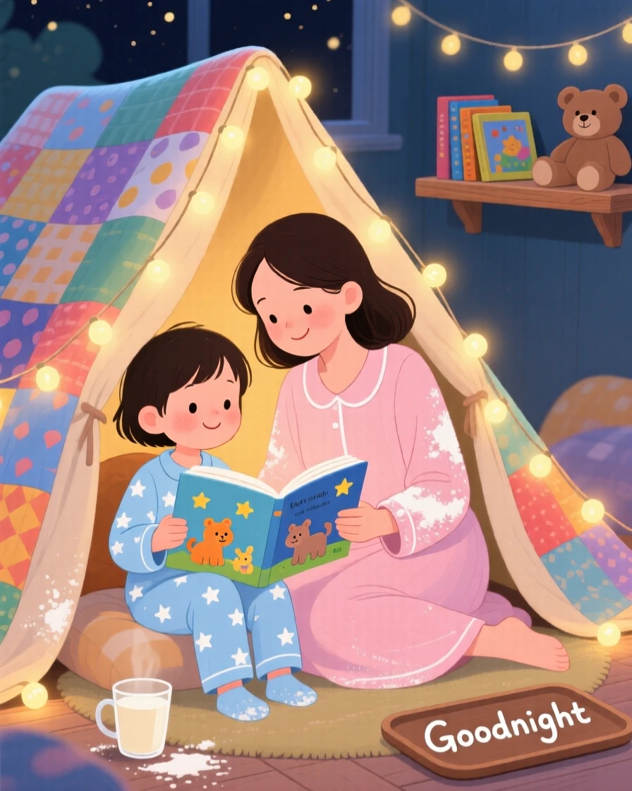 A young child in pajamas and her mother are reading a bedtime story under a blanket fort, with flour dusting their sleeves.