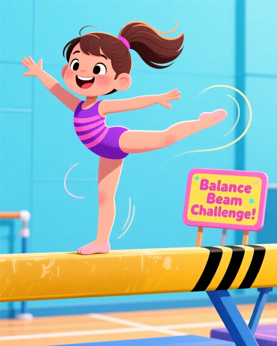 A young gymnast balancing gracefully on a beam.