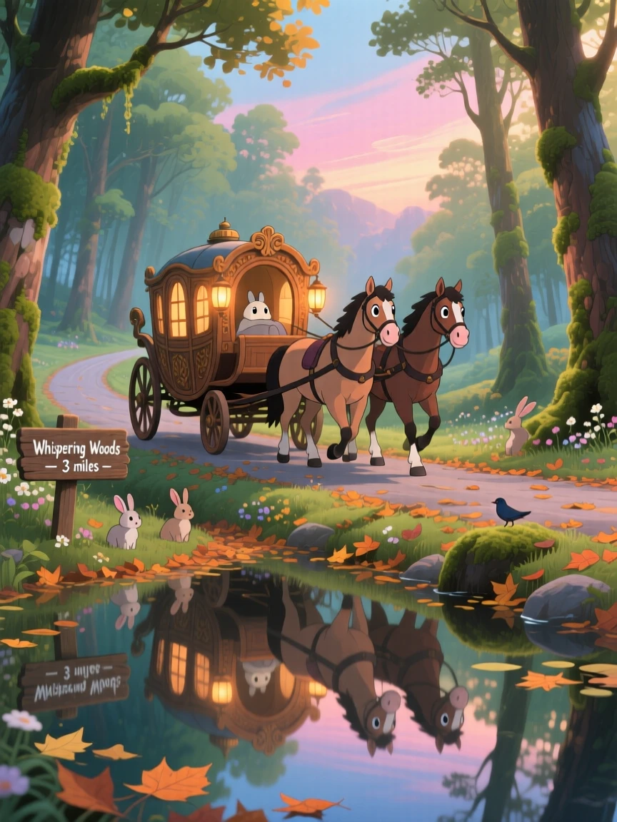 A charming scene of a horse-drawn carriage traveling along a forest road, reflected in the still water below.