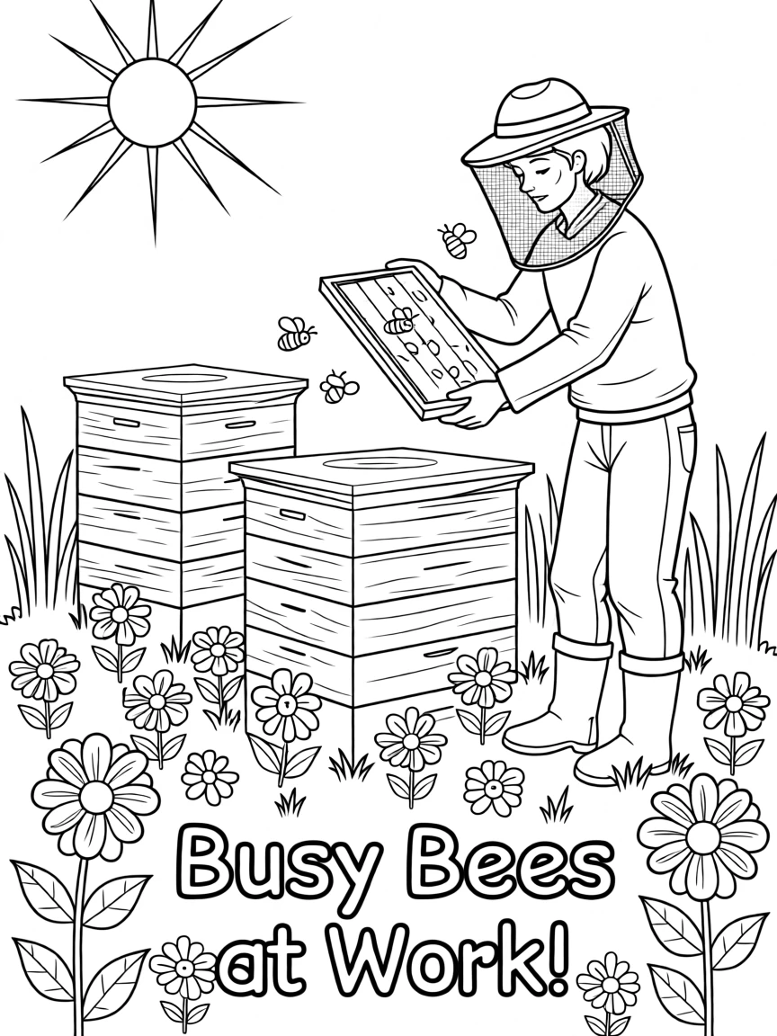 A beekeeper tending to hives in a sunny meadow