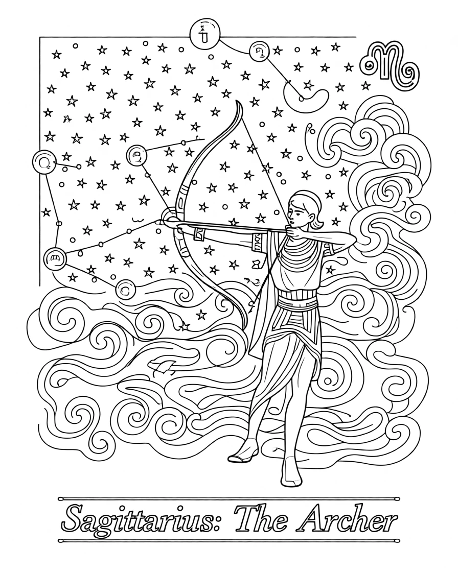 A zodiac constellation illustration of Sagittarius the archer, formed from connected stars against a night sky filled with smaller stars and swirling nebula clouds.
