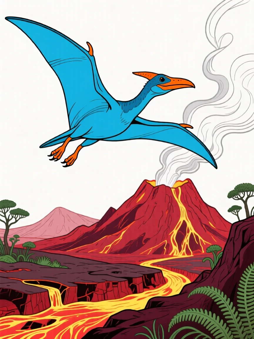 A pterodactyl soaring above an ancient volcanic landscape.