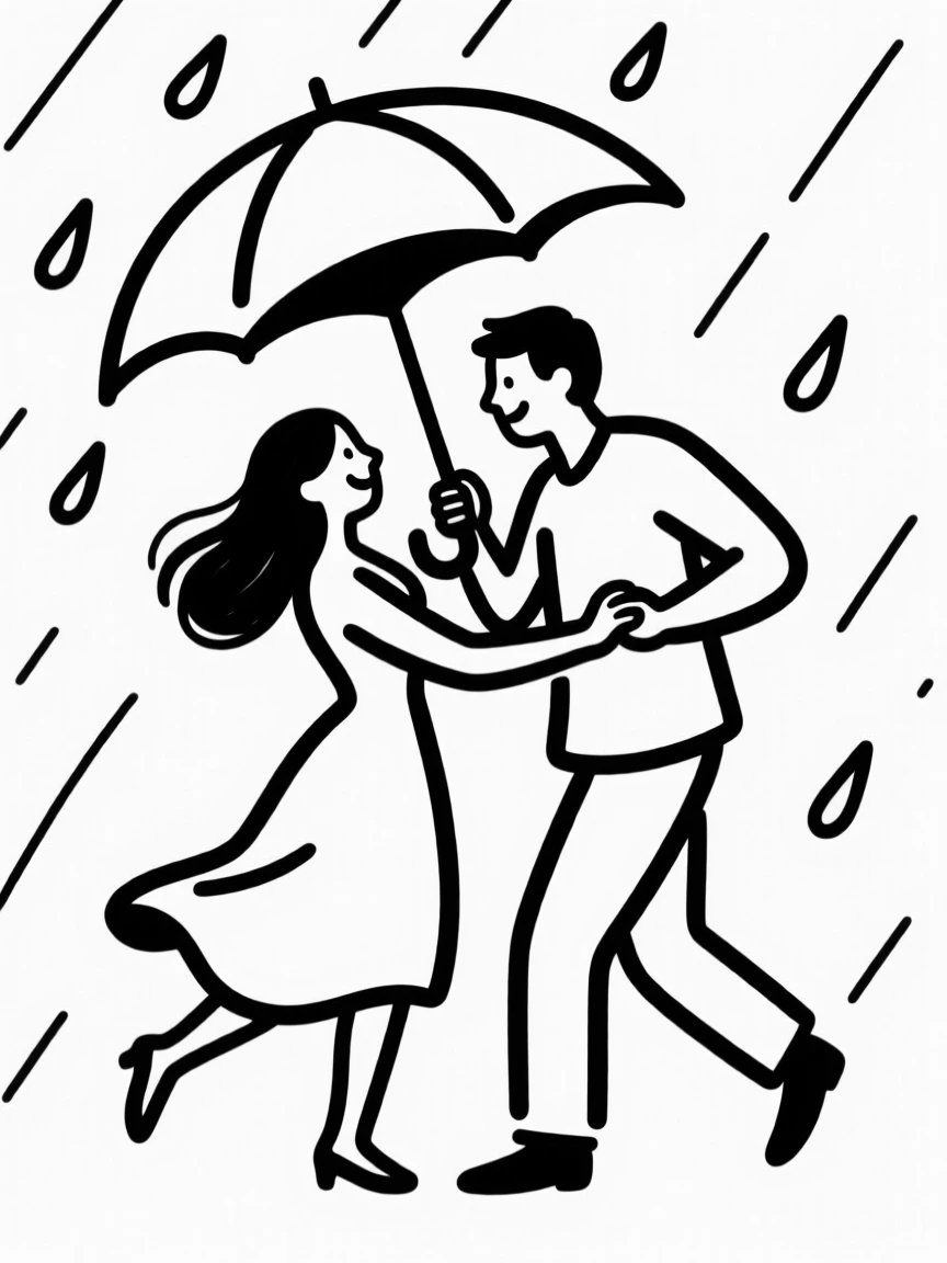A couple dancing together in the rain under a single umbrella.