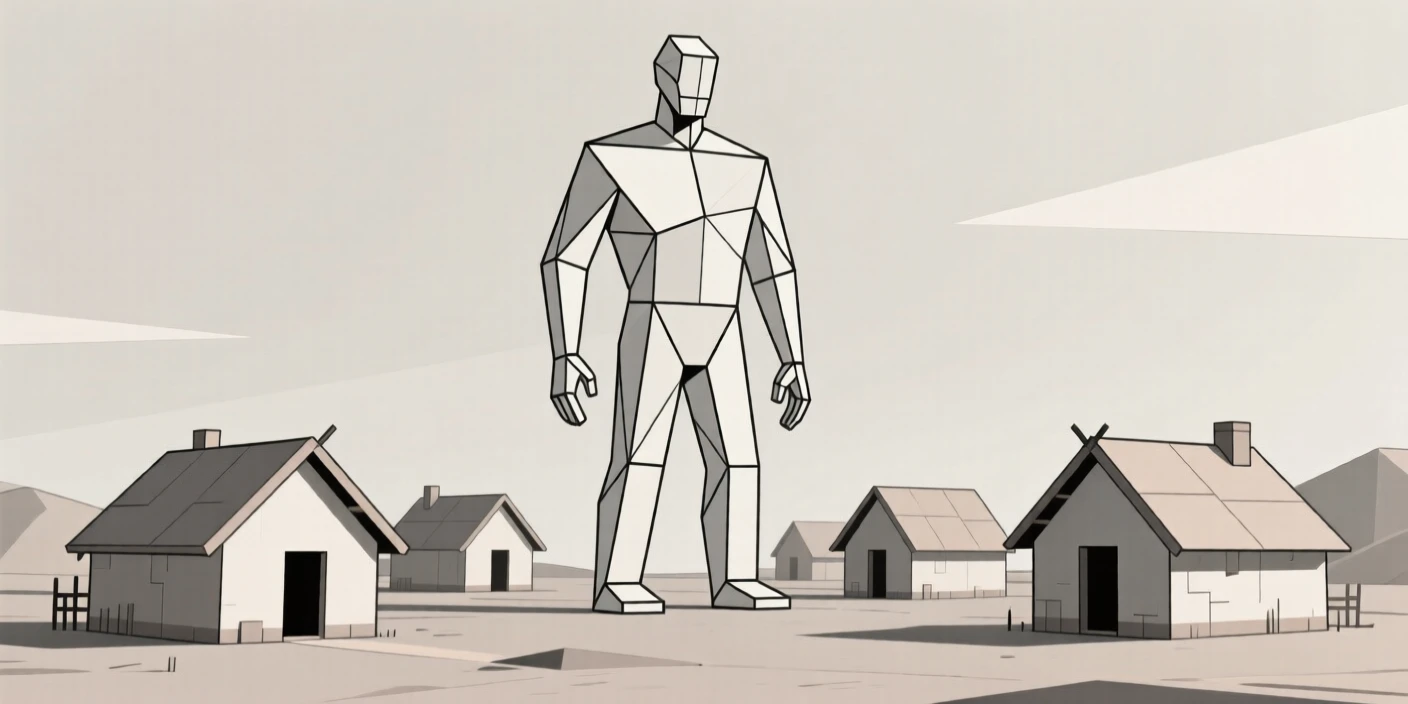 A giant standing among a small village of huts