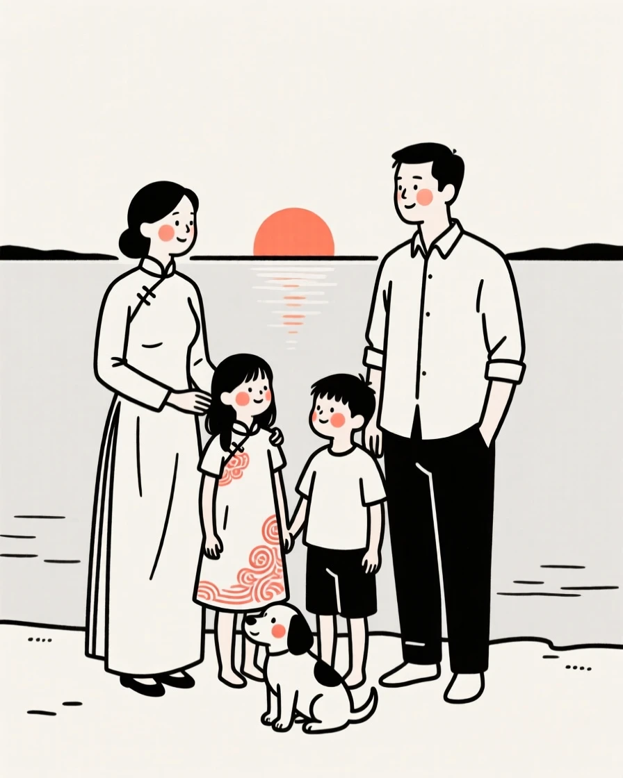 A family of Vietnamese heritage celebrating Eid with family, beside a calm lake at sunrise.