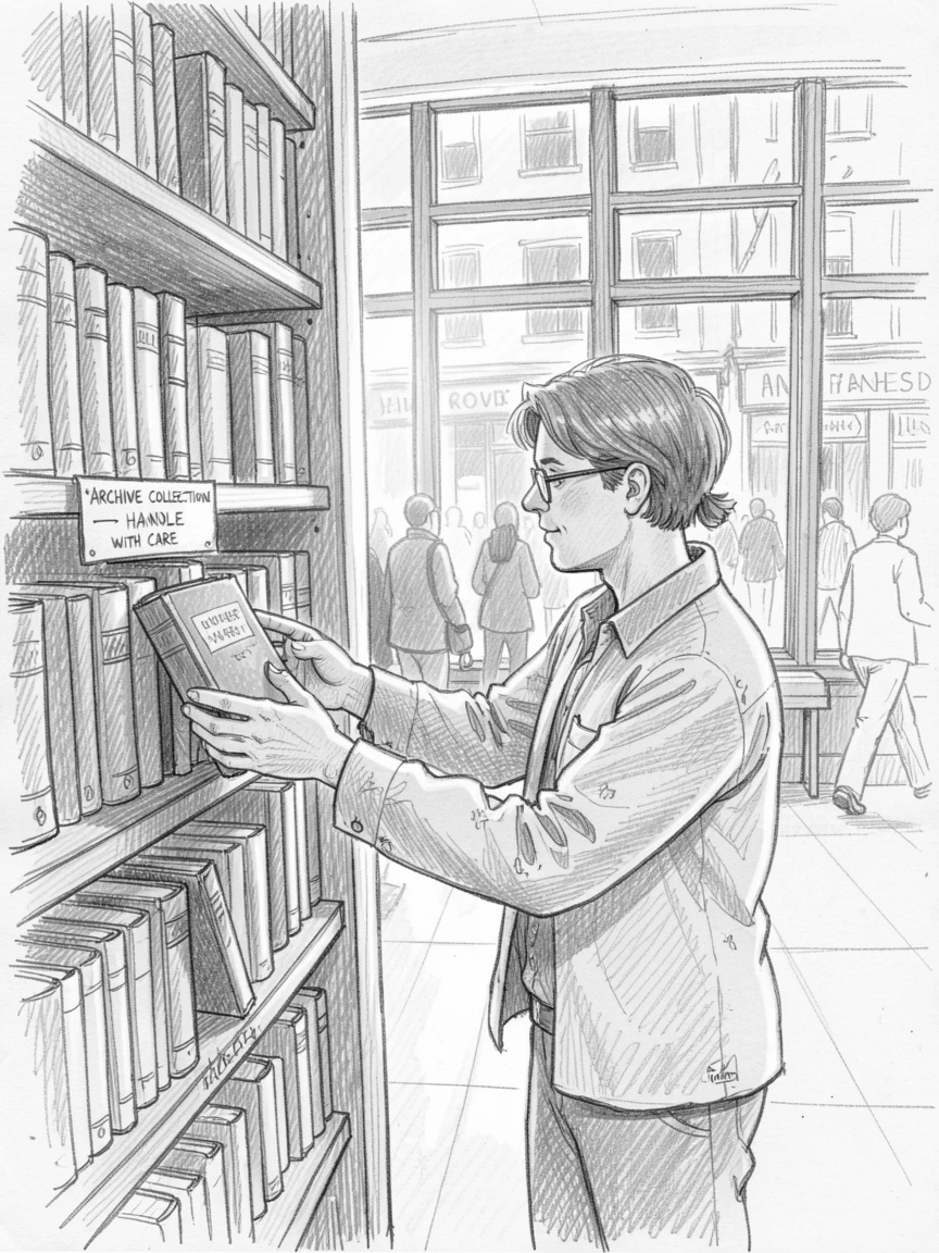 A warm everyday moment: a librarian shelving old books on a bustling downtown corner, with golden morning light streaming through windows.
