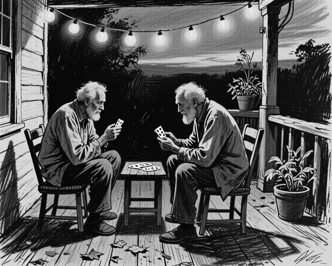 Two old friends playing cards on a porch, under the warm glow of string lights.
