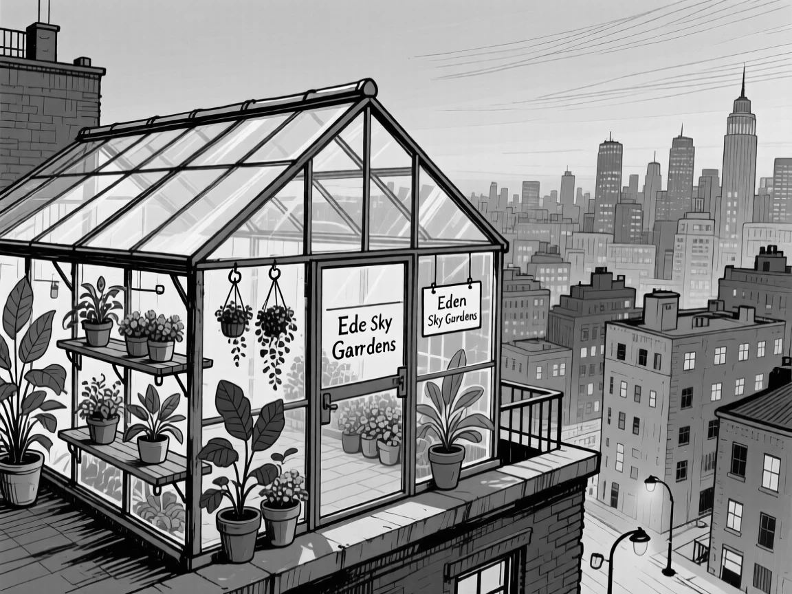 A modern rooftop greenhouse overlooking a bustling city at twilight.