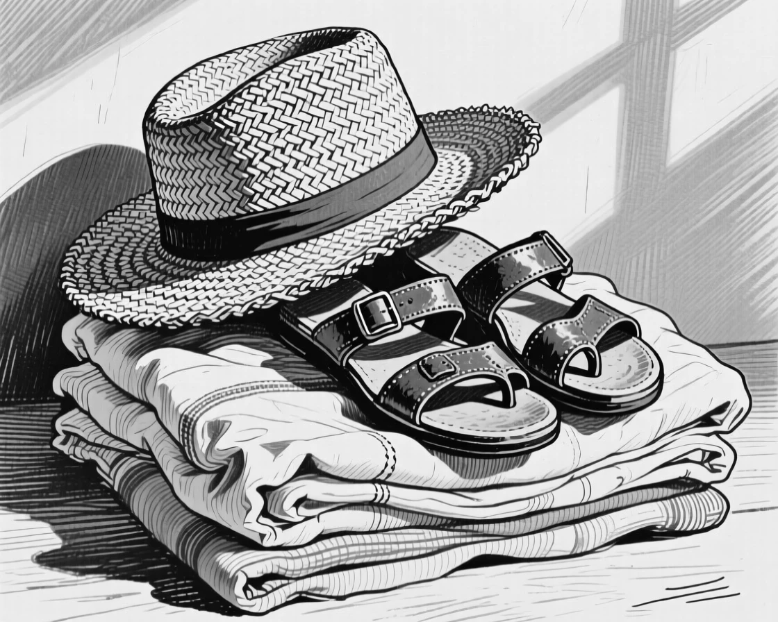A straw sunhat and a pair of sandals sitting atop a stack of folded linens, with warm afternoon light casting long shadows, forming a gently sentimental still-life study.