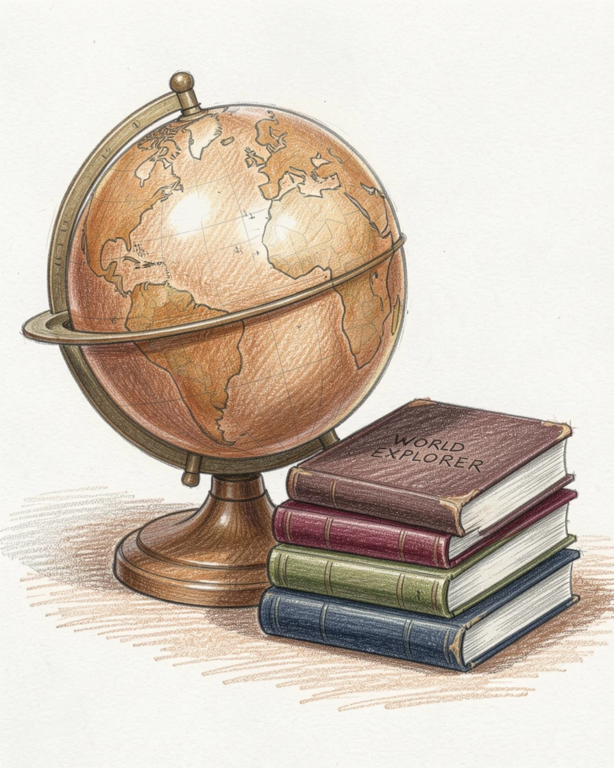 An old wooden globe beside a stack of travel journals, arranged thoughtfully with soft, natural lighting, designed to feel timeless and collectible.