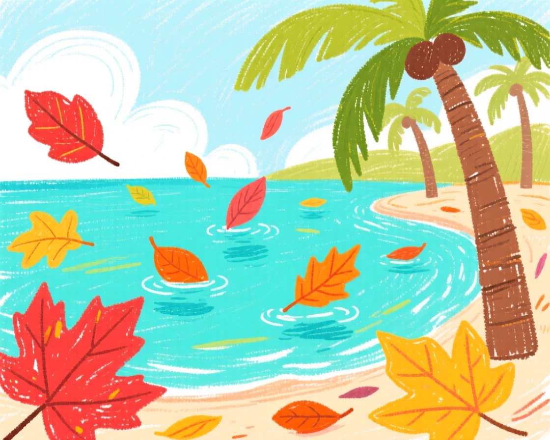 A view of a tropical lagoon surrounded by drifting autumn leaves.