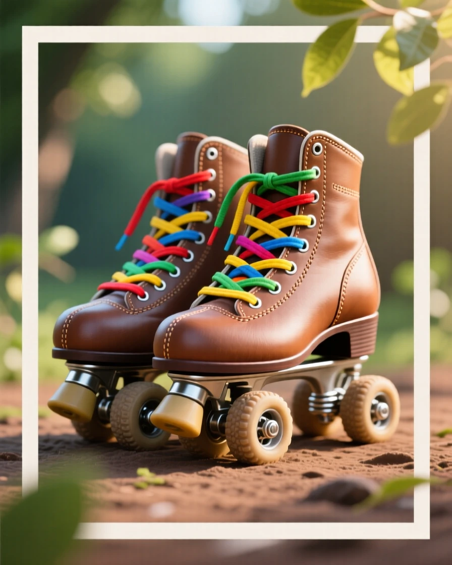 A pair of roller skates with colorful laces, arranged within a softly blurred natural setting, framed tightly to emphasize fine texture and detail, with a clean, elegant simplicity.