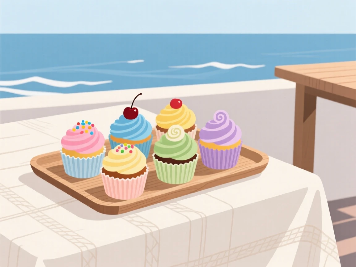A tray of colorful cupcakes beautifully displayed on a linen tablecloth at a seaside restaurant.