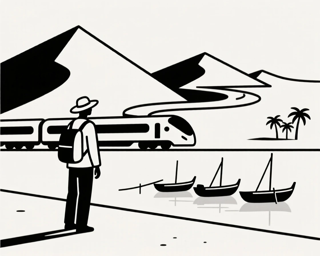 A traveler standing before a train winding through mountains in a desert oasis town, with a row of fishing boats nearby, feeling cultural wonder.