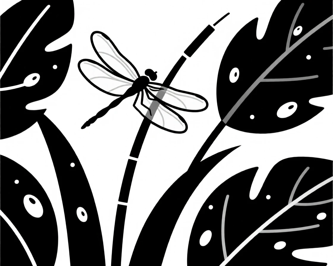 A dragonfly resting on a reed among dewy garden leaves.