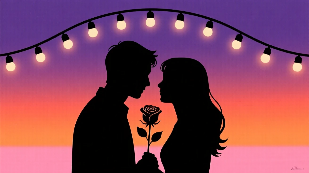 A couple sharing a single rose beneath a canopy of string lights.
