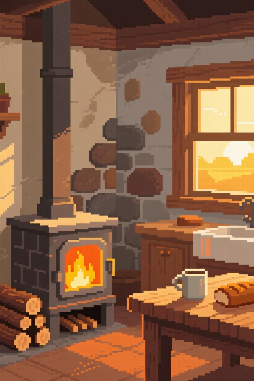 A fireplace corner warmed by a small wood stove nearby, in a farmhouse kitchen at sunrise.