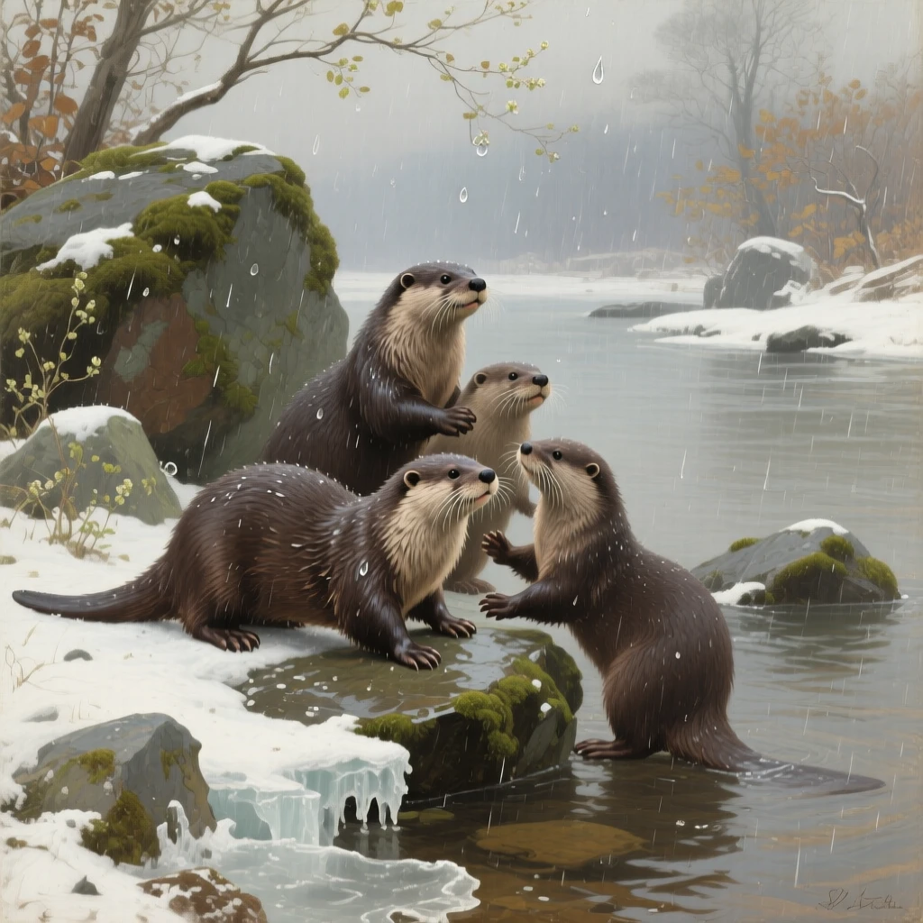 A balanced composition of a family of otters playing along a rocky riverbank, during a gentle spring shower, in deep winter.