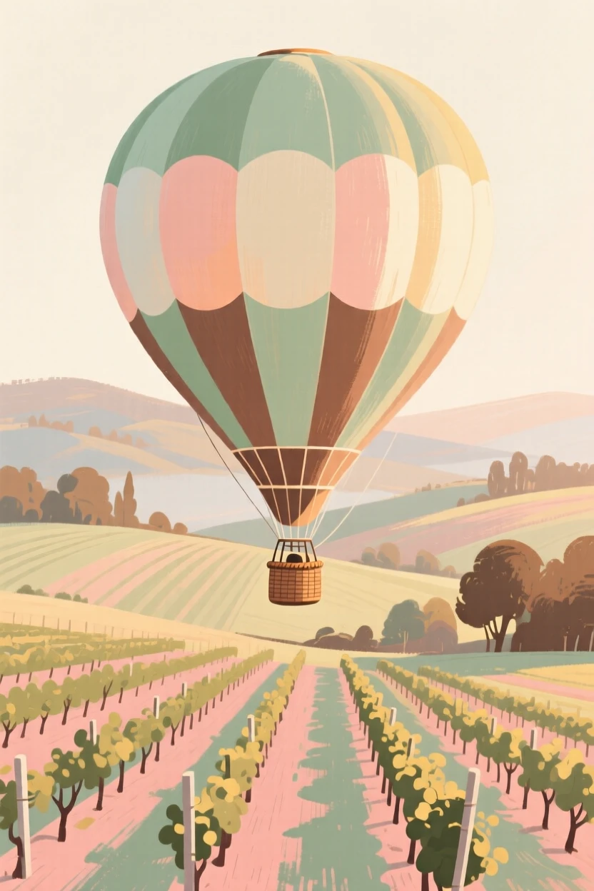 A hot air balloon drifting above a valley of vineyards