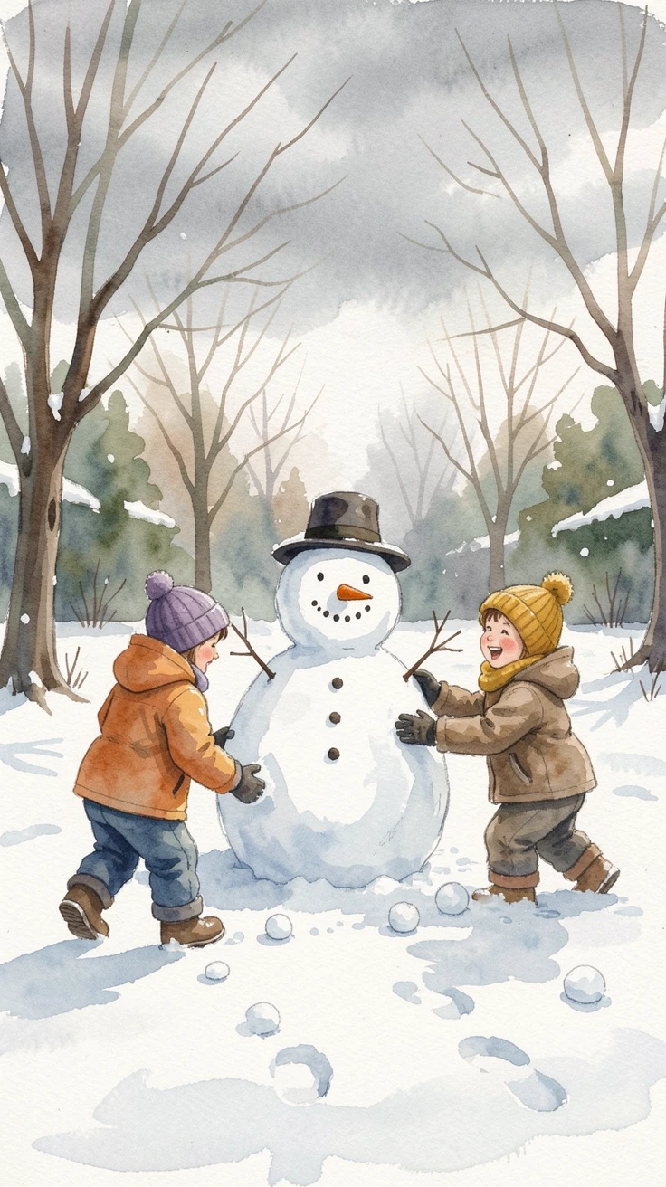 Children building a snowman in a winter yard with laughter filling the air.