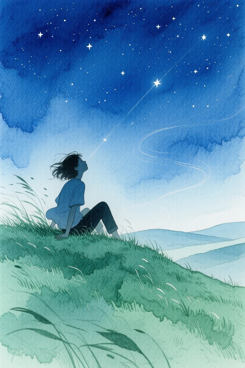 A peaceful scene of someone stargazing from a hilltop on a windswept hilltop, fully absorbed in a quiet, joyful moment