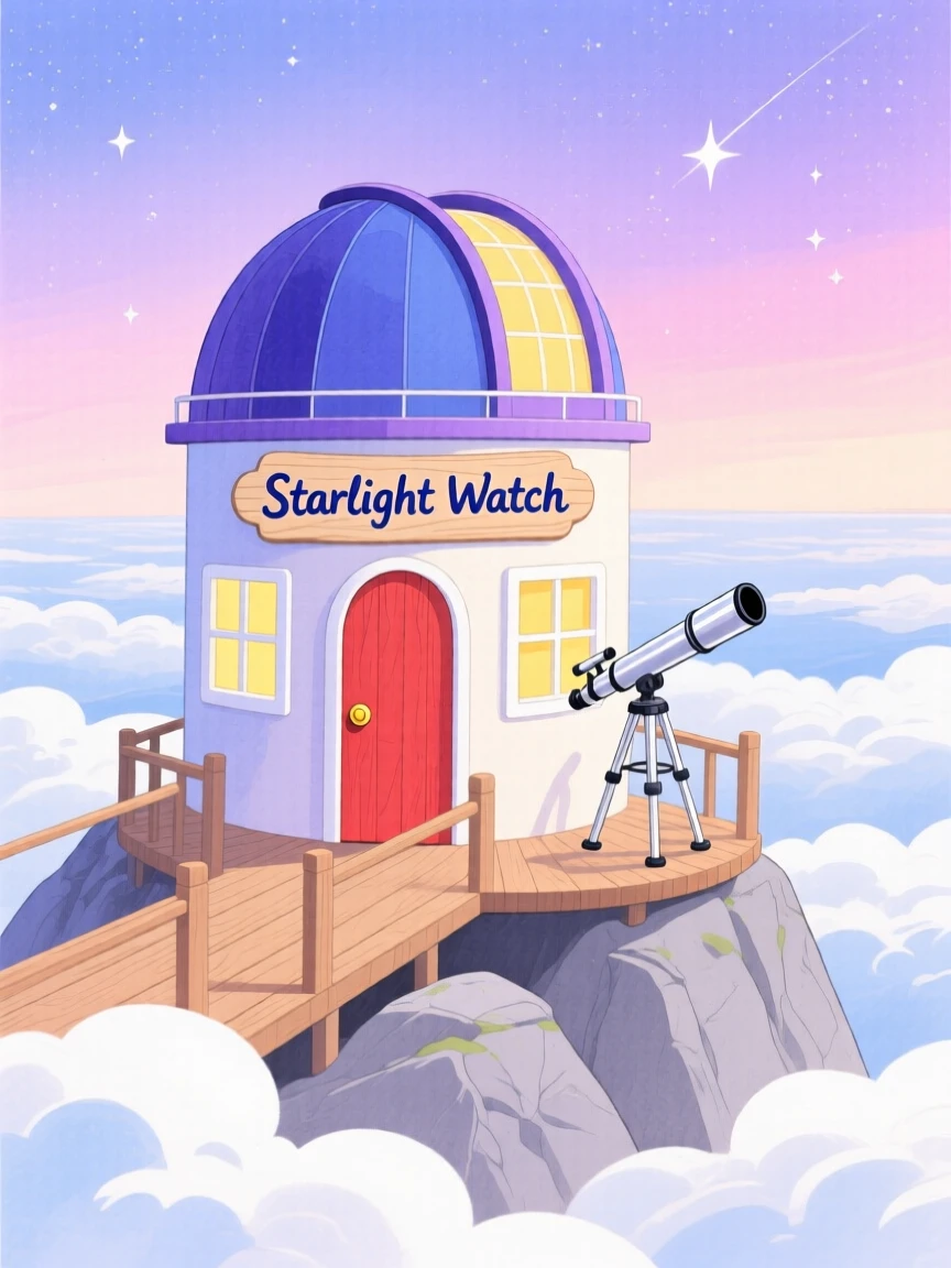 A mountaintop observatory overlooking the clouds, mysterious and inviting.