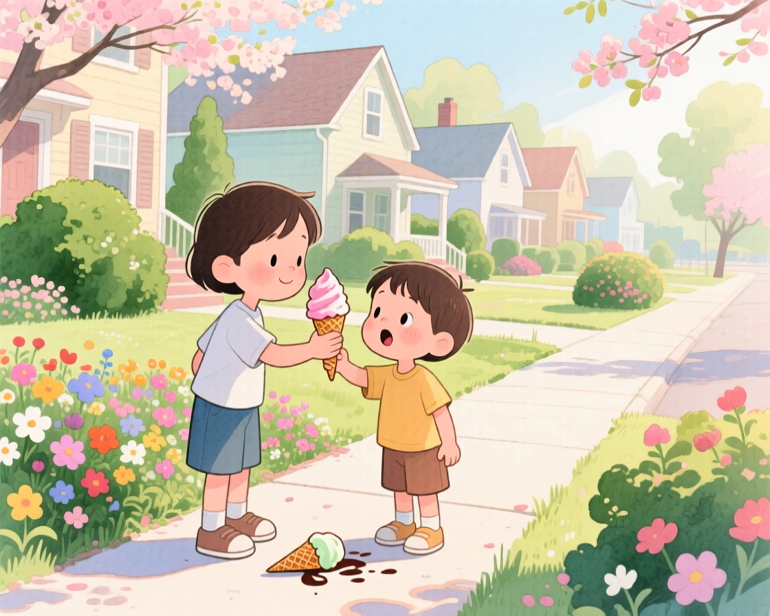 A child giving their ice cream to a younger sibling who dropped theirs, in a peaceful neighborhood full of blooming gardens, radiating kindness, hope, and heartfelt emotion.