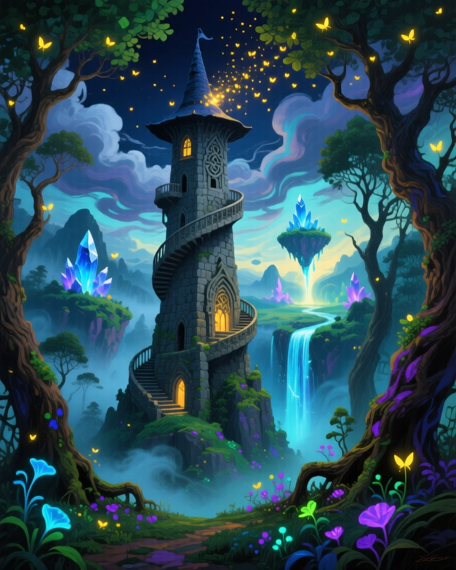 Beneath a canopy of glimmering fireflies, a wise old wizard's tower rising from a misty forest, surrounded by softly glowing bioluminescent plants, clouds parting to reveal a hidden realm beyond.