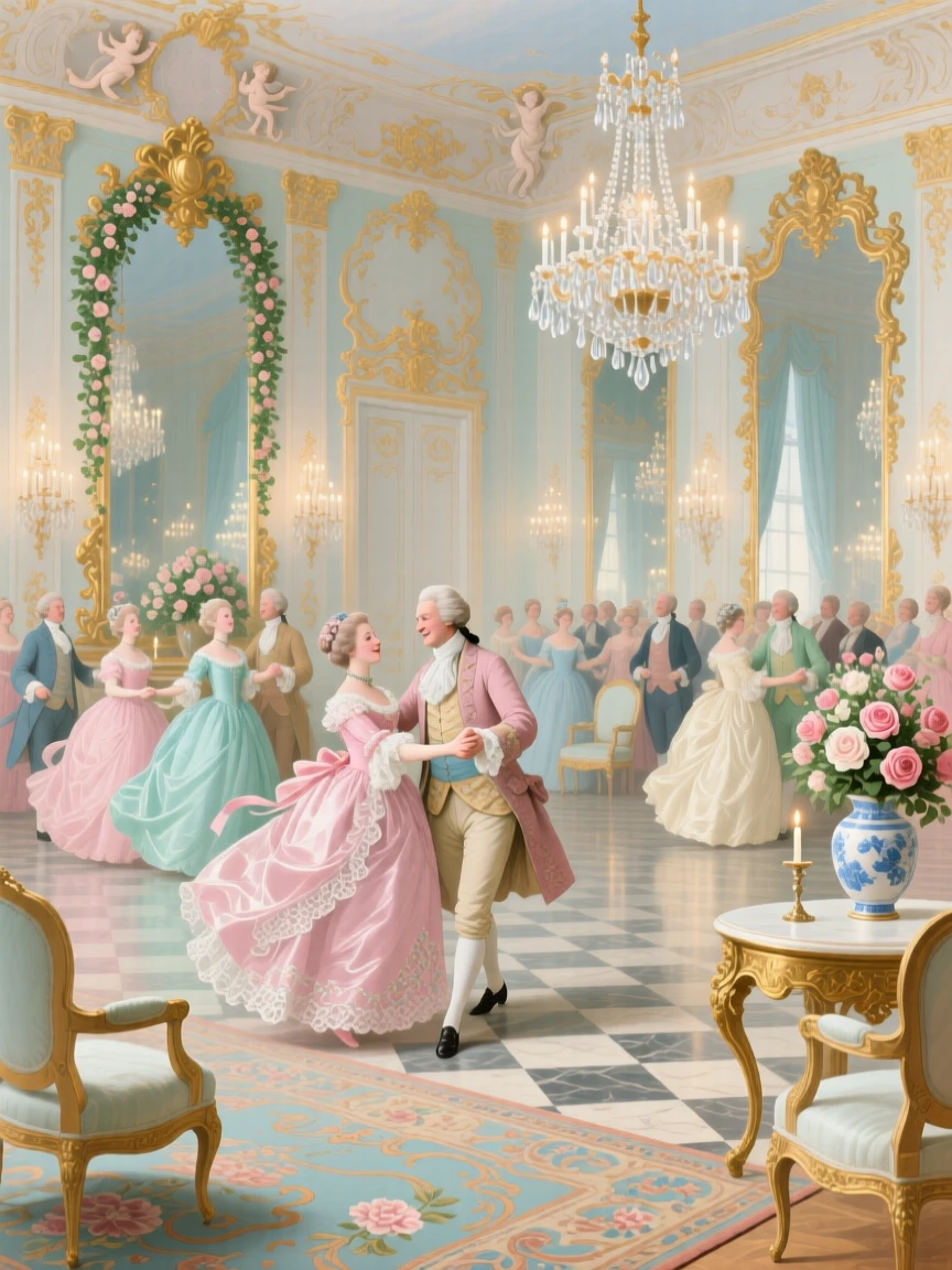 A ballroom filled with dancers reflected in enormous gilded mirrors  