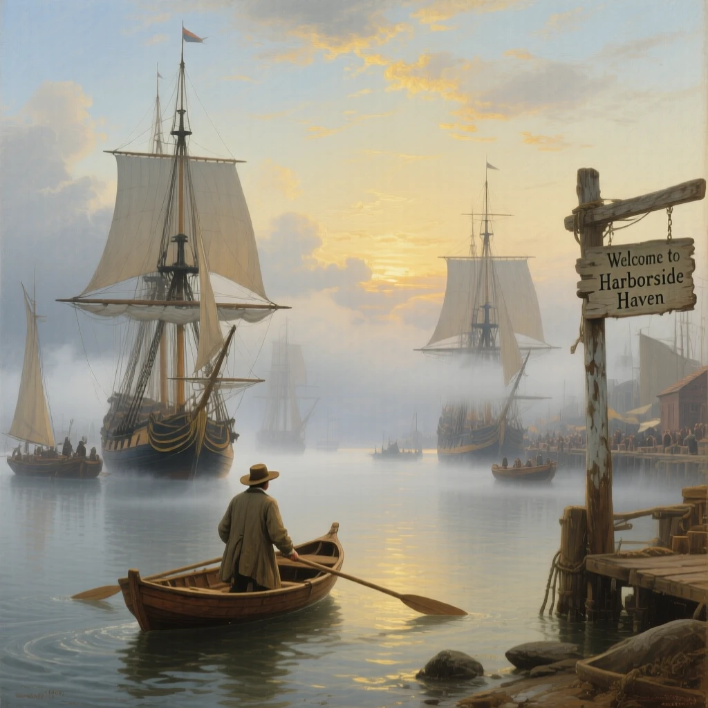 A lone rower sails toward a harbor crowded with tall-masted ships as fog rolls across the water.
